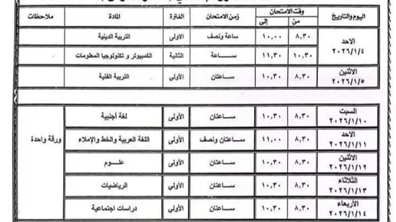 جداول امتحانات الترم الأول للصفين الأول والثاني الاعدادي بالشرقية
