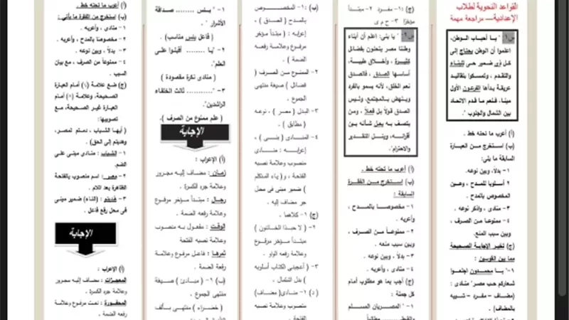 مراجعة ليلة الامتحان في اللغة العربية للشهادة الإعدادية