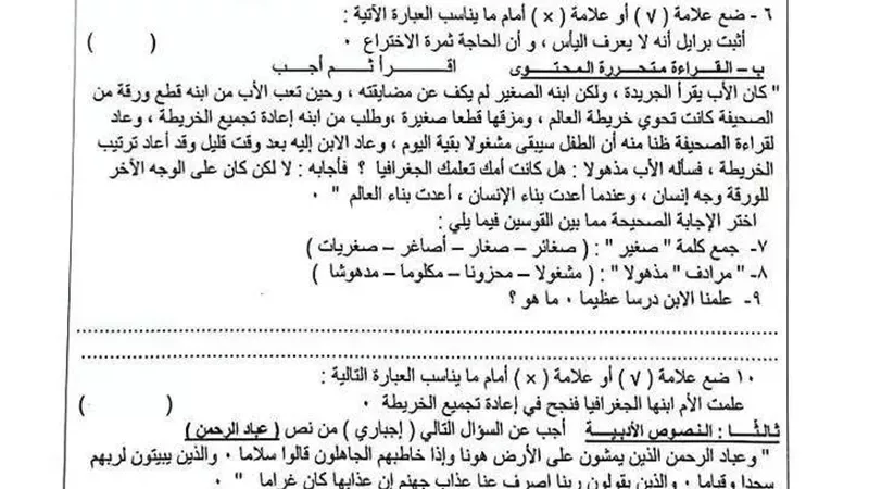 نموذج استرشادي في اللغة العربية لطلاب اعدادية القليوبية