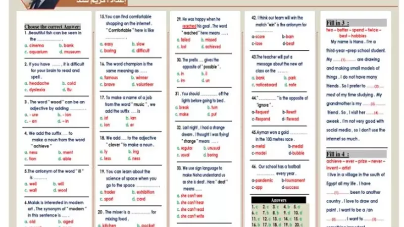 أبرز أسئلة الاختياري في اللغة الإنجليزية للشهادة الإعدادية 2026