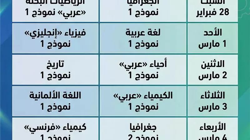 جدول حل النماذج الاسترشادية لامتحانات الثانوية العامة 2026 على قناة مدرستنا
