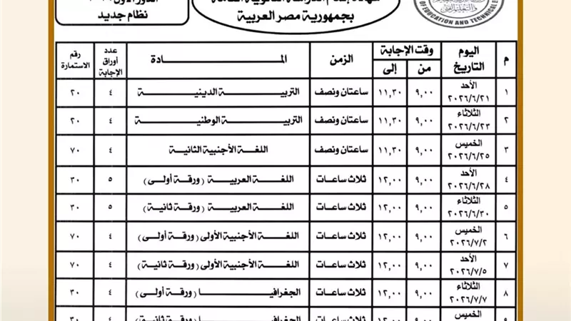 وزير التعليم يعتمد جدول امتحانات الثانوية العامة 2026