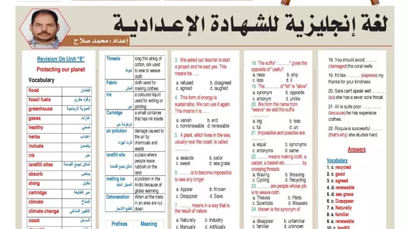 46 سؤالًا وإجابتها في اللغة الإنجليزية لطلاب الشهادة الإعدادية