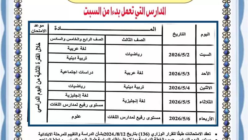 ننشر جداول امتحانات ابريل للصفوف الابتدائية بالقاهرة