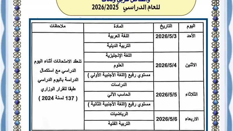 جداول امتحانات ابريل للصفين الأول والثاني الإعدادي بالقاهرة