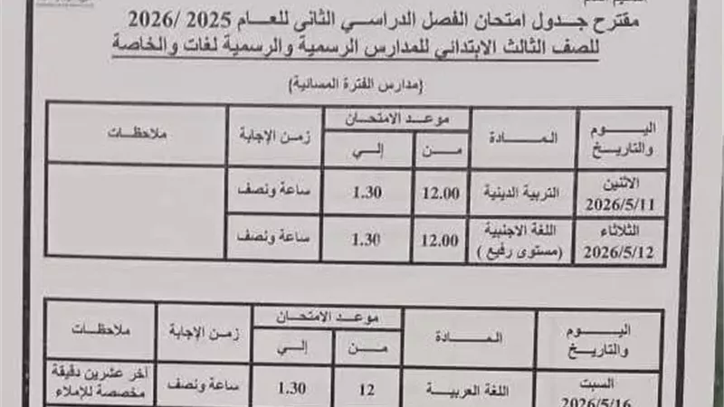 ننشر جداول امتحانات نهاية العام بمحافظة القاهرة لصفوف النقل