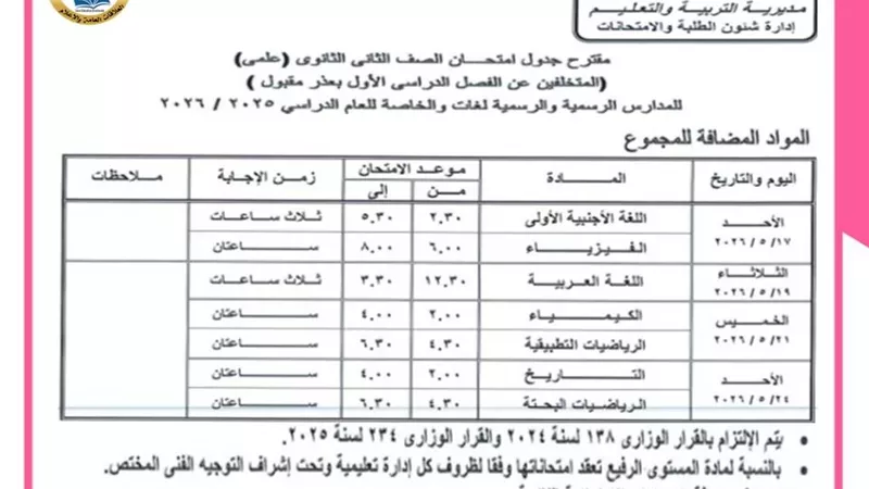 ننشر جداول امتحانات الفصل الدراسي الثاني لصفوف النقل بالقاهرة