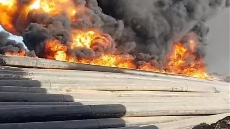 إندلاع حريق هائل بمواسير الصرف الصحي بقرية فى المنصورة