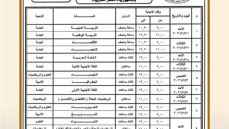 تعليم المنيا يعلن جدول امتحانات الثانوية العامة 2026