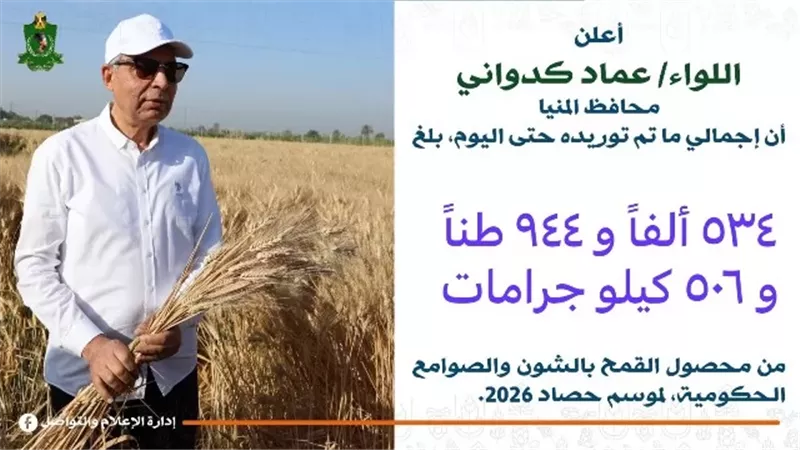 محافظ المنيا: توريد 535 ألف طن من القمح المحلي خلال موسم 2026