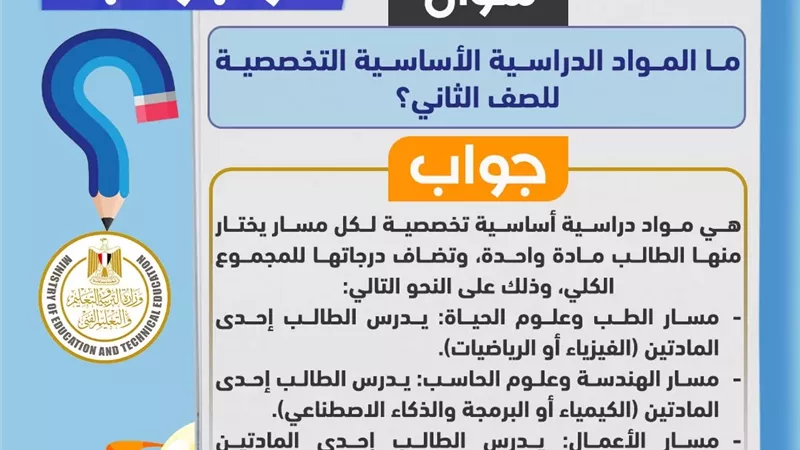 المواد التخصصية لطلاب الصف الثاني بالبكالوريا المصرية