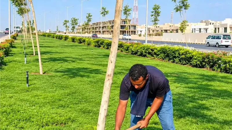 القاهرة الجديدة تواصل تطوير المسطحات الخضراء بطريق السويس