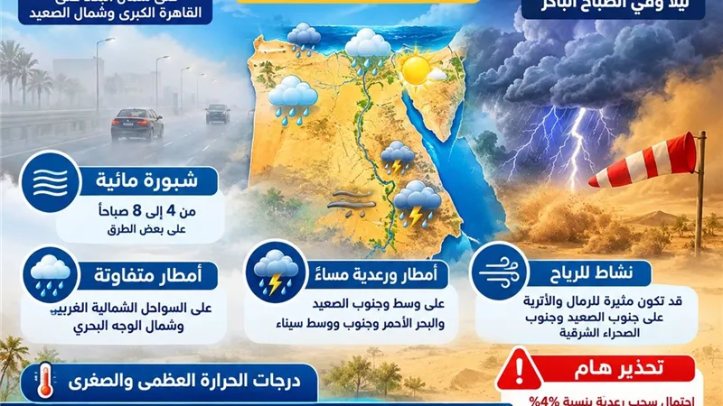 طقس الجمعة 9 أكتوبر 2026.. أمطار متفاوتة وشبورة ورياح مثيرة للأتربة