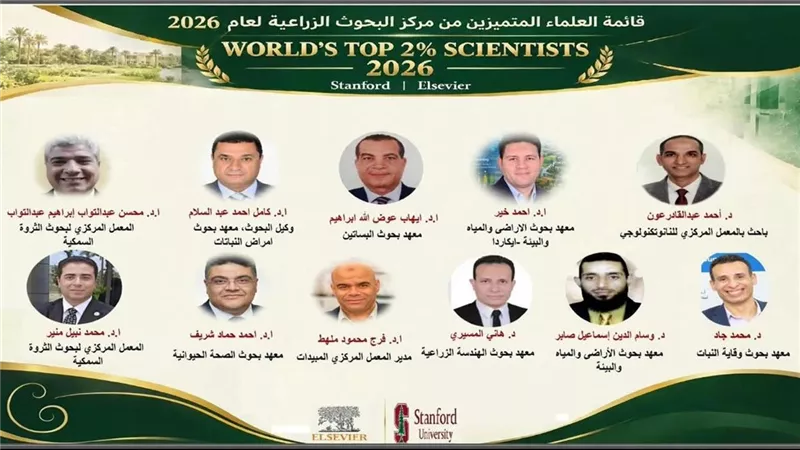 الزراعة تعلن إدراج 11 عالماً من مركز البحوث الزراعية ضمن قائمة ستانفورد