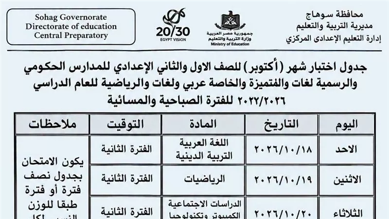 تعليم سوهاج يعلن جدول امتحانات أكتوبر للصفين الأول والثاني الإعدادي