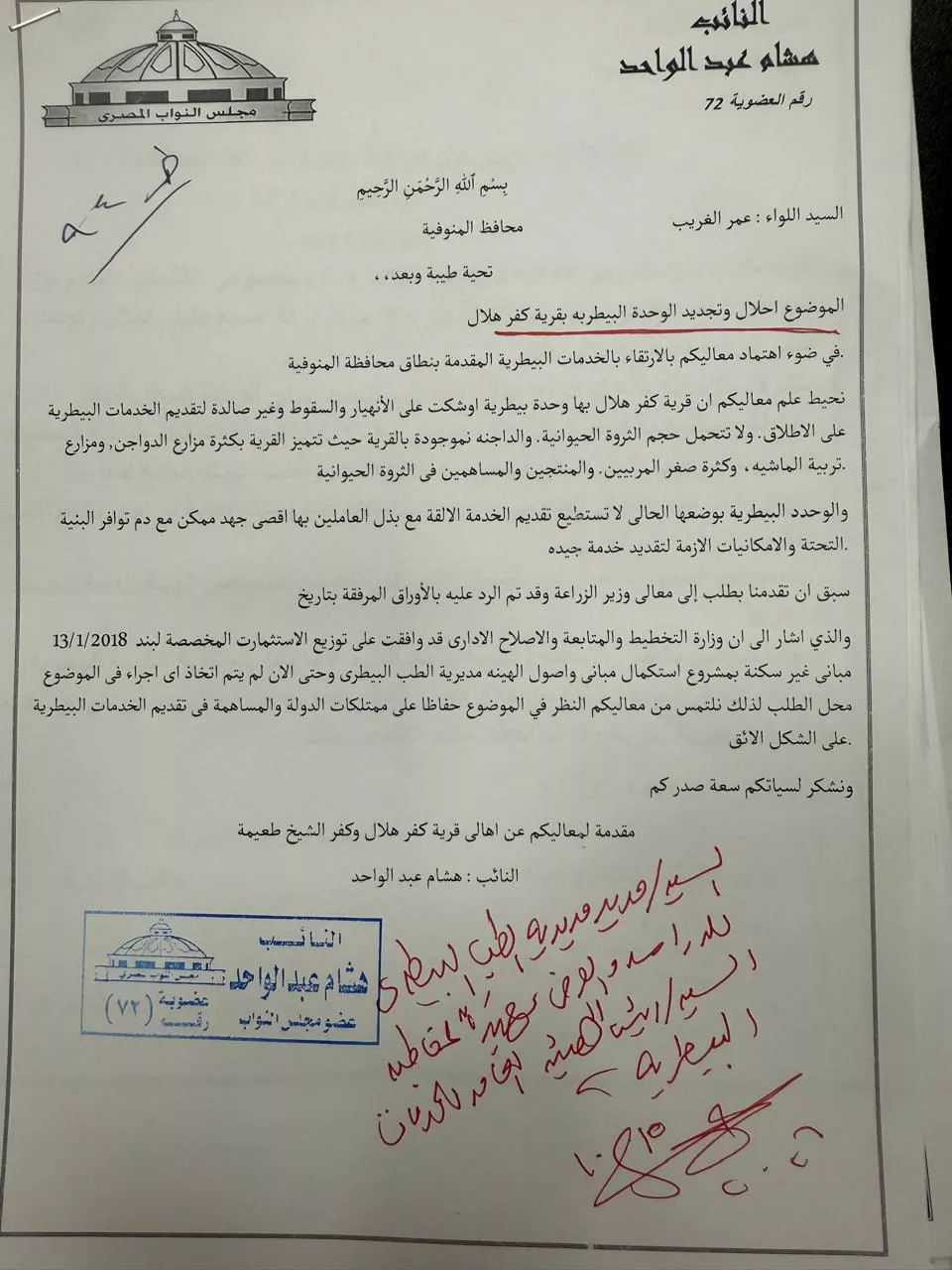 هشام عبد الواحد يطالب بحلول عاجلة لأزمات المنوفية