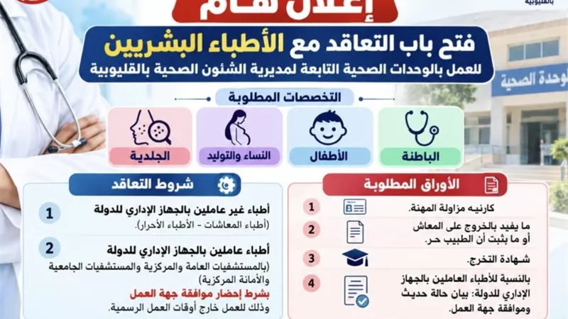 فرص جديدة للأطباء بالقليوبية.. تعرف على التخصصات المطلوبة وش