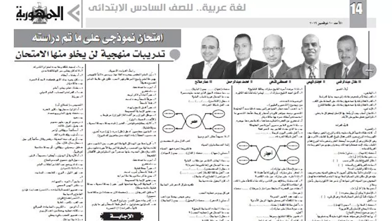 تدريبات منهجية لن يخلو منها امتحان اللغة العربية للصف السادس الابتدائى
