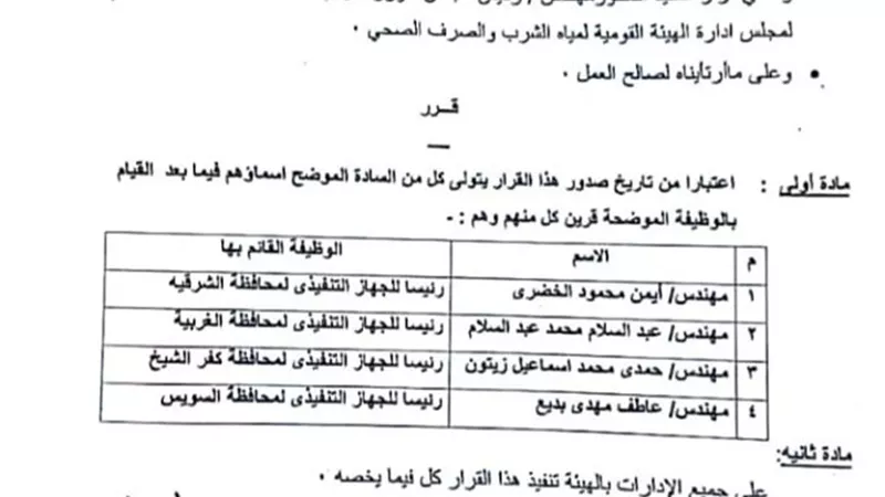 حركة ترقيات قيادات هيئة مياه الشرب والصرف الصحى ب 4 محافظات
