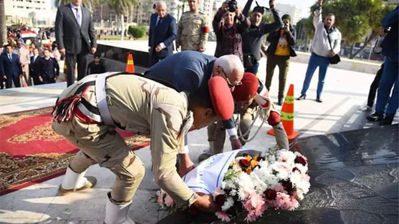 إكليل من الزهور علي النصب التذكاري بمسلة بورسعيد