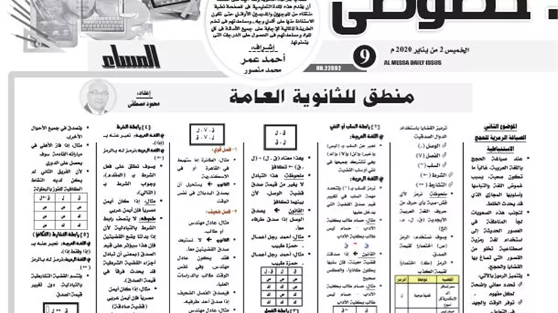 اسئلة واجوبة فى مادة المنطق من درس خصوصى للثانوية العامة