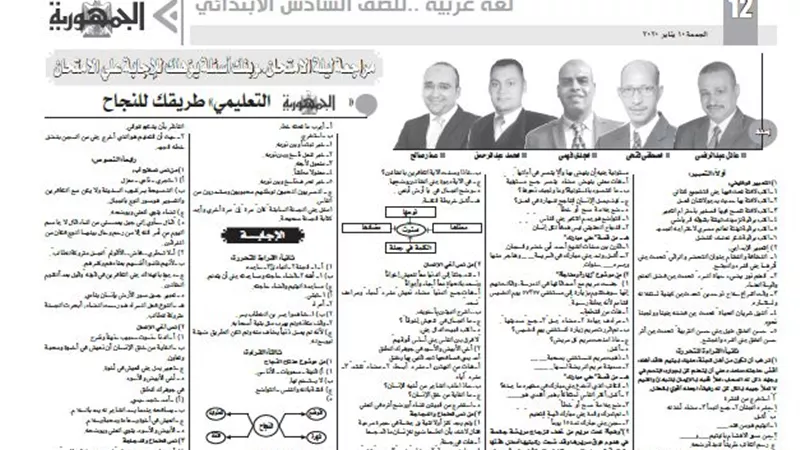 مراجعة ليلة الامتحان وبنك اسئلة يؤهلك للاجابة على الامتحان للغة العربية للصف السادس الابتدائى