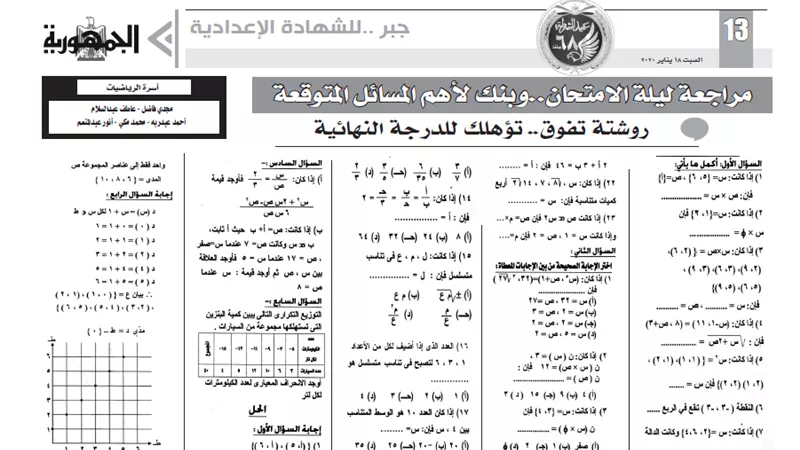 بنك لاهم المسائل المتوقعة فى الجبر للشهادة الاعدادية