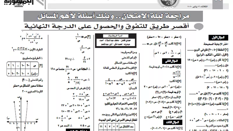 بنك أسئلة ليلة الامتحان في الجبر للشهادة الاعدادية