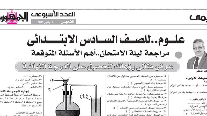 مراجعة ليلة الامتحان واهم الاسئلة المتوقعة لمادة العلوم للصف السادس الابتدائى