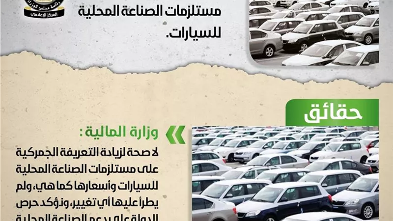 الوزراء: لا زيادة فى تعريفة الجمارك على مستلزمات الصناعة المحلية للسيارات