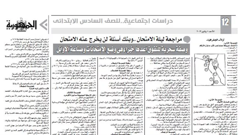 اسئلة ليلة الامتحان للدراسات الاجتماعية للصف السادس الابتدائى
