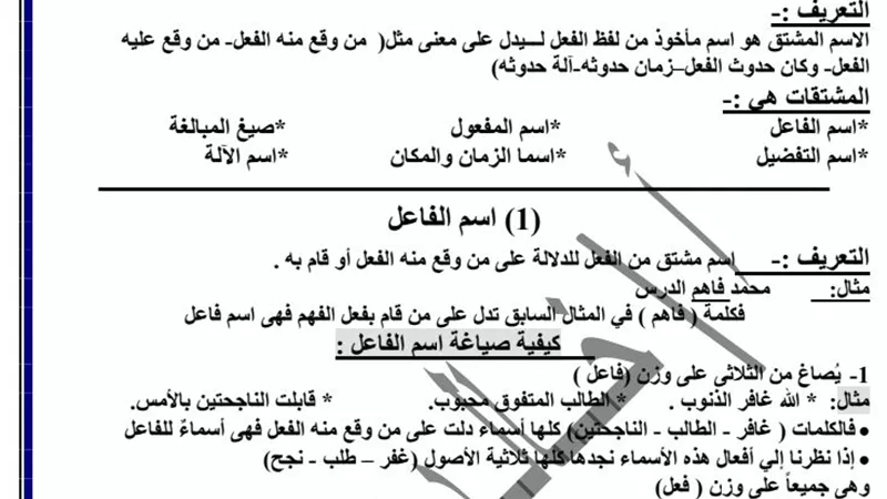 شرح واف لاسم الفاعل لنحو للشهادة الاعدادية