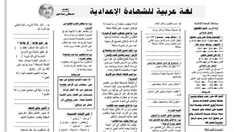 نموذج امتحان فى النحو والقراءة للشهادة الاعدادية