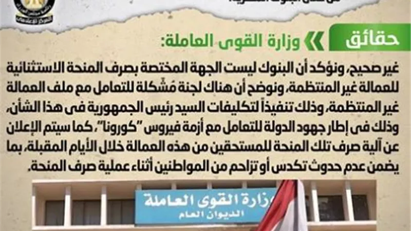 الحكومة تنفى بدء صرف منحة الـ 500 جنيه للعمالة غير المنتظمة من خلال البنوك المصرية