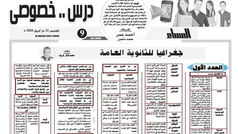نموذج اسئلة واجوبة لن يخرج عنه امتحان مادة الجغرافيا للثانوية العامة