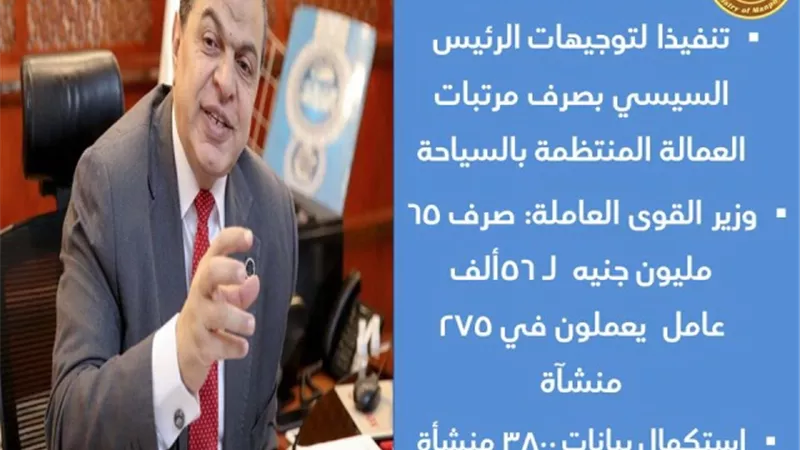 وزير القوى العاملة: صرف 65 مليون جنيه لـ 56 ألف عامل في 275 منشأة سياحية