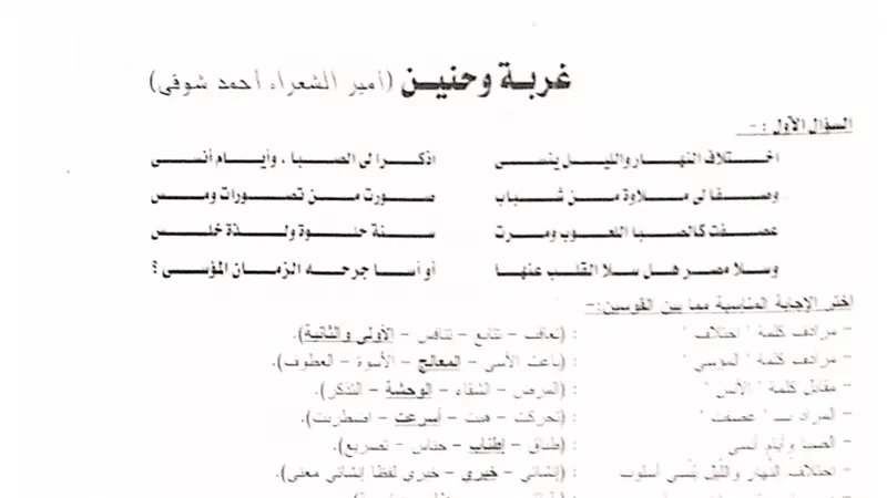 4 اسئلة لن يخرج عنهم امتحان نص غربة وحنين للثانوية العامة