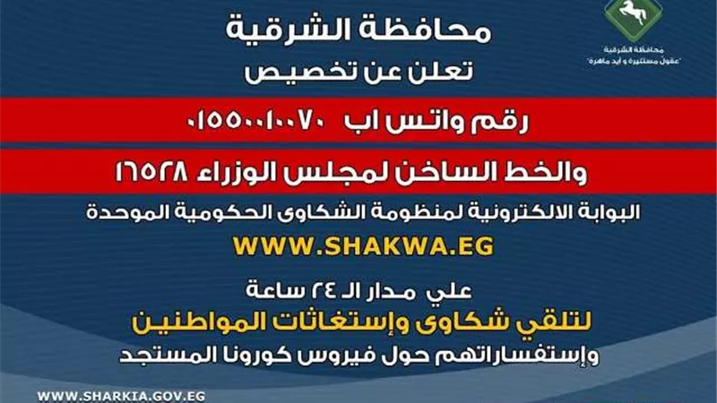 محافظ الشرقية : إستقبال 5 شكاوي من المواطنين عبر الواتس آب بخصوص كورونا