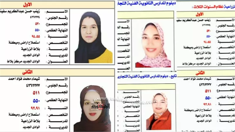 تعليم الوادى الجديد يتصدر نتائج أوائل الدبلومات الفنية ب٤ طالبات على مستوى الجمهورية.صور