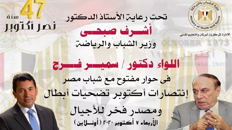 اللواء سمير فرج في حوار مفتوح مع الشباب بمناسبة ذكرى انتصارات أكتوبر..غدا