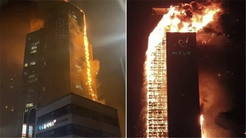 شاهد.. حريق هائل يلتهم برجا تجاريا ضخما في كوريا الجنوبية