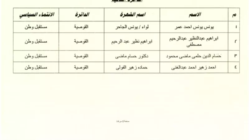 الهيئة الوطنية تعلن فوز 10 مرشحين من ائنلاف الاحزاب و 2 من المستقلين باسيوط