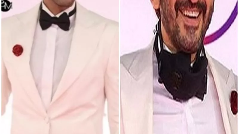 نفس لون الوردة.. رد فعل أحمد حلمي بعد ارتداء حسن أبو الروس نفس بدلته على الريد كاربت