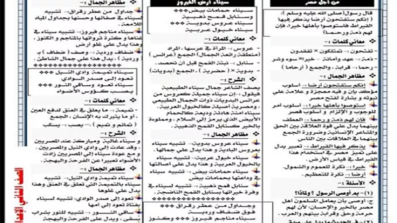 ابزر المراجعات النهائية للغة العربية للصف الثانى الاعدادى