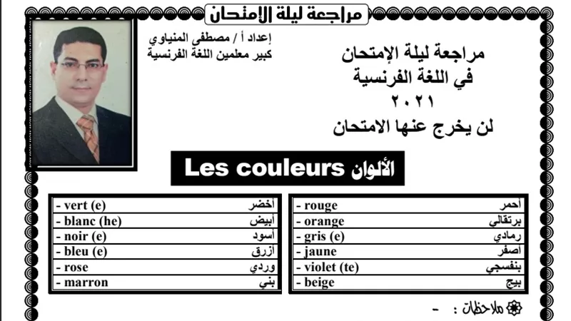 مراجعة ليلة الامتحان للغة الفرنسية لطلاب اولى ثانوى