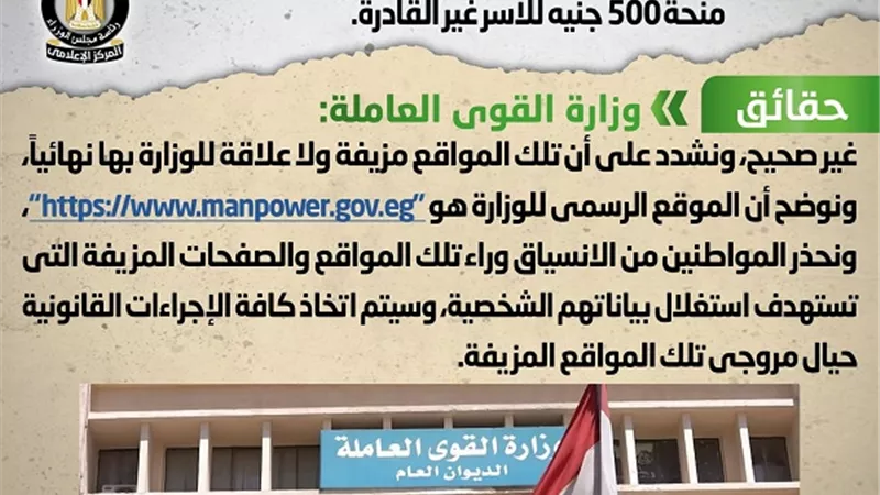 الوزراء :اطلاق موقع الكترونى جديد لصرف منحة 500 جنيه للاسر غير القادرة.. شائعة