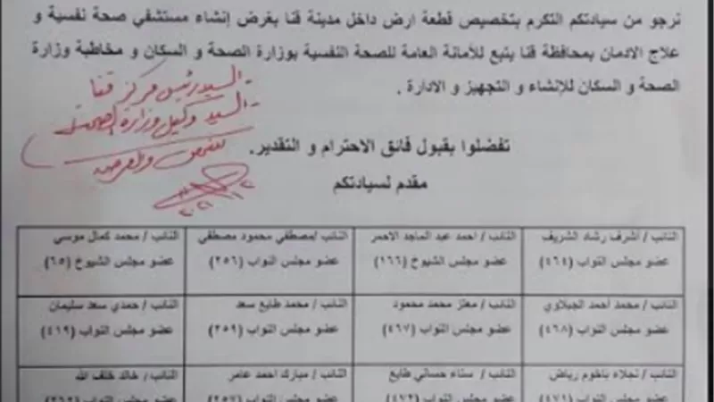 نواب قنا يطالبون بإنشاء مستشفى للصحة النفسية وعلاج الإدمان
