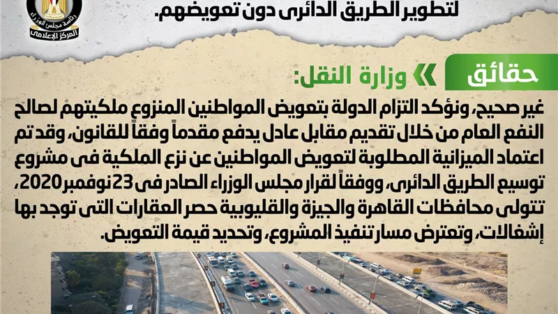 الحكومة تنفى نزع ملكية مئات الوحدات السكنية من قاطنيها لتطوير الطريق الدائري دون تعويض
