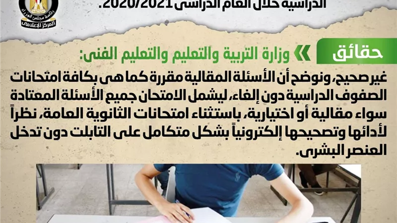 إلغاء الأسئلة المقالية بالامتحانات لجميع الصفوف الدراسية للعام الدراسي 20-21.. 