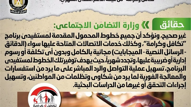 الوزراء ينفى خصم تكلفة خدمات المحمول المقدمة لمستفيدى تكافل وكرامة من الدعم الشهرى